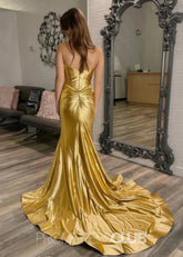 Daphne |Long Gold Prom Dress Satin With Mermaid Sweetheart Pleated Slit - Gold - PromDressClub